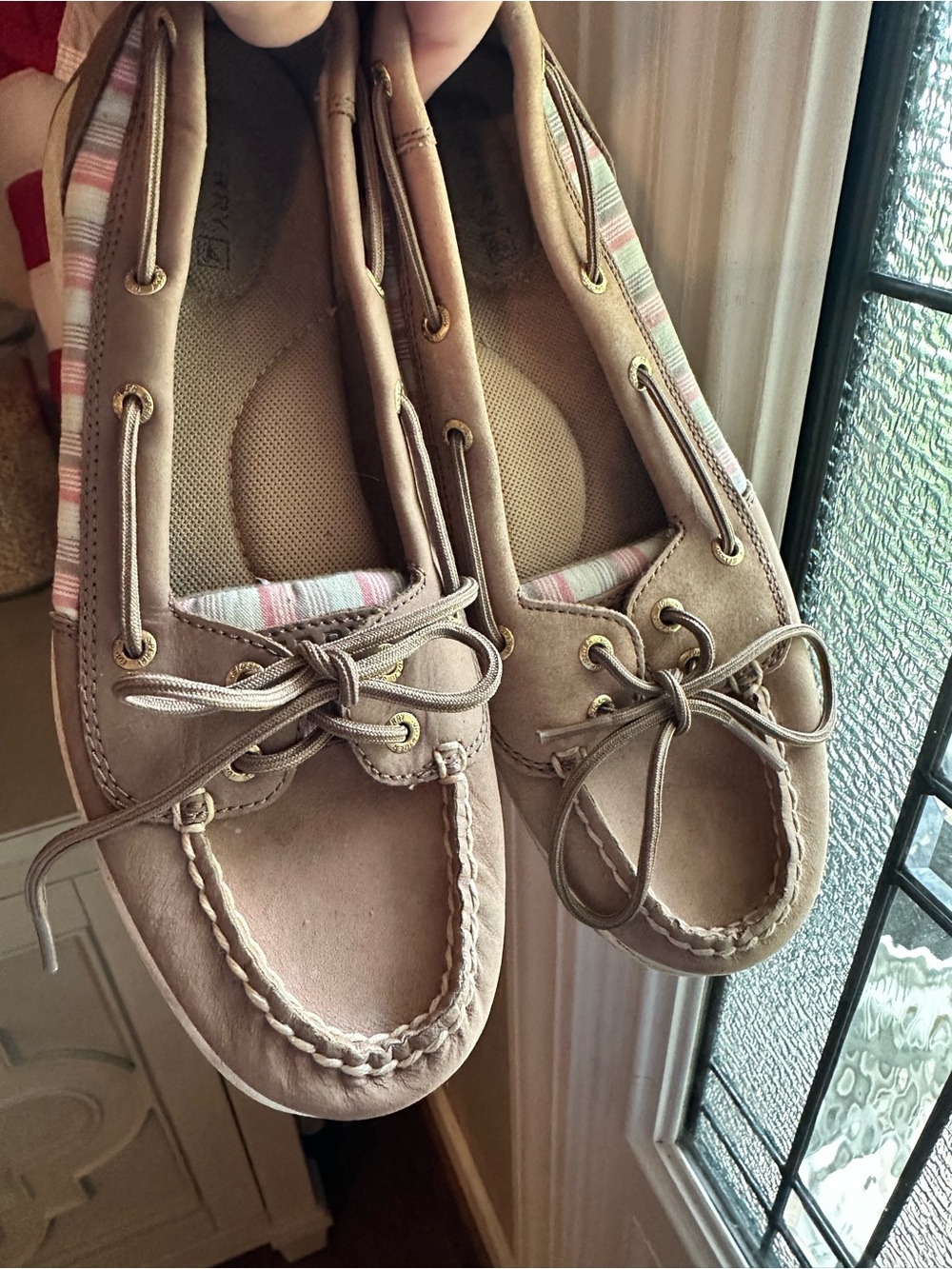 Sperry Taupe Moccasin-Style Boat Shoes with Pink Stripe Lining
